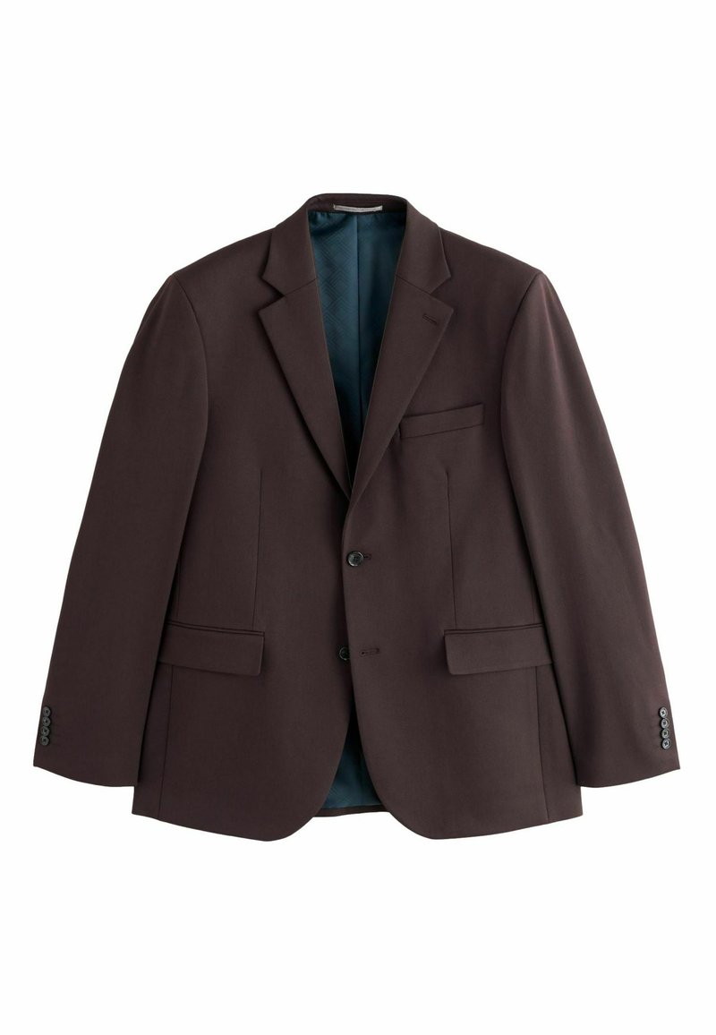 Bruine blazer met een gestructureerd ontwerp, met notch-lapels, voorzakken en een contrasterende teal binnenvoering. Voorzien van twee knopen en vier knopen bij de mouwen.