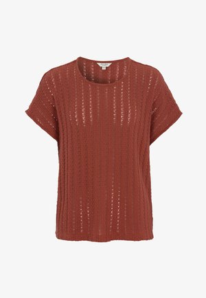 Roestkleurige gebreide top met korte mouwen, opengewerkte verticale strepen en een ronde hals, getoond op een witte achtergrond.