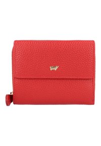 Portafoglio in pelle rossa con superficie testurizzata, hardware in tonalità oro, chiusura con cerniera e un piccolo logo decorativo sulla parte anteriore.