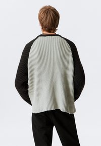 Knit sweater featuring ribbed texture, light gray body with black sleeves, dropped shoulders, and a relaxed fit. Back view shown.