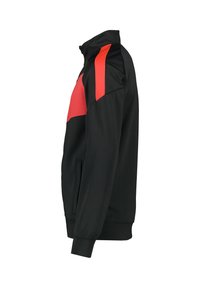 Zwarte sportjack met rode accenten op de schouders en borst, ritsluiting, hoge kraag en zijzakken. Soepele textuur met ademend materiaal.