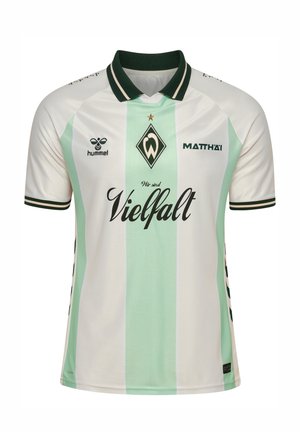 Hvid og lysgrøn stribet fodboldtrøje med mørkegrøn krave, Werder Bremen-logo og teksten "Vielfalt" foran.
