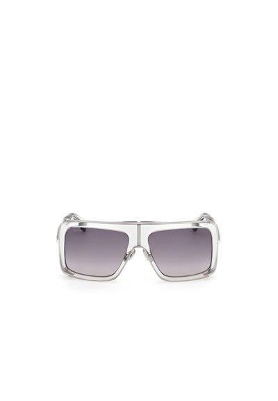 Gafas de sol con montura transparente, diseño cuadrado y lentes grises degradados. Presentan detalles metálicos y una estética moderna y elegante.