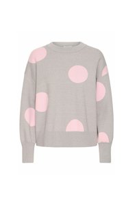 Light gray sweater with large pink polka dots, round neck, and loose-fit design. Made from soft knit material with ribbed cuffs.