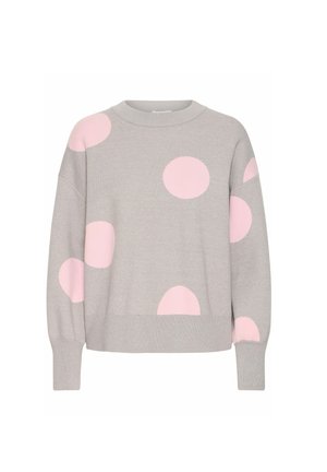 Lichtgrijze trui met grote roze stippen, ronde hals en losse pasvorm. Gemaakt van zacht breiwerk met geribbelde manchetten.