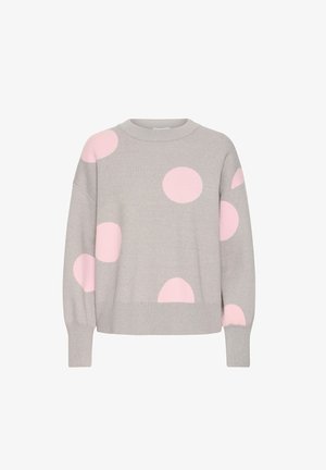 Pull gris clair avec de grands pois roses, col rond et coupe ample. Fabriqué en maille douce avec des poignets côtelés.