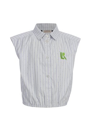 Witte mouwloze blouse met dunne blauwe strepen, knoopsluiting aan de voorkant, elastische taille, puntige kraag en een klein groen geborduurd logo op de linkerborst.