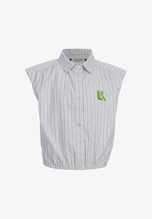 Witte mouwloze blouse met dunne blauwe strepen, knoopsluiting aan de voorkant, elastische taille, puntige kraag en een klein groen geborduurd logo op de linkerborst.