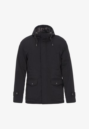 Černá prošívaná bunda s vysokým límcem, nastavitelnými šňůrkami, dvěma předními kapsami a knoflíkovými detaily na rukávech. Navržena pro teplo a pohodlí.