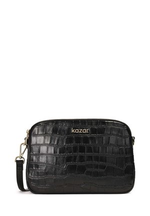 Black crocodile-patterned handbag with a smooth texture, zip closure, and a detachable shoulder strap; features a gold logo accent.
