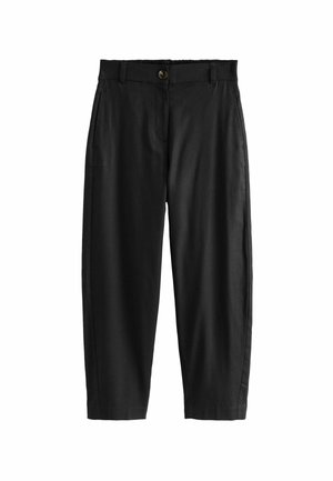 Black, lightweight trousers with a relaxed fit, featuring a button closure, side pockets, and a smooth texture. Mid-calf length.