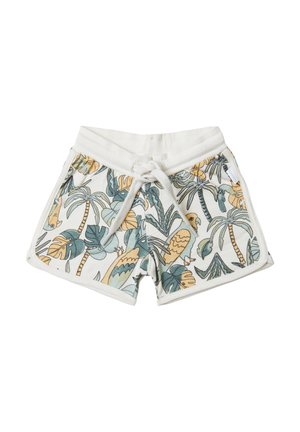 Shorts de bain en coton avec une taille blanche, ornés d'un imprimé tropical de feuilles vertes et d'oiseaux jaunes et bleus. Fermeture par cordon.