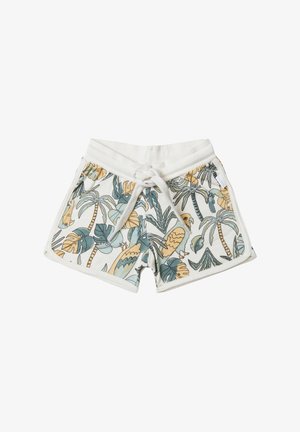 Katoenen zwembroek met een witte tailleband, voorzien van een tropische print van groene bladeren en vogels in geel en blauw. Met trekkoordsluiting.