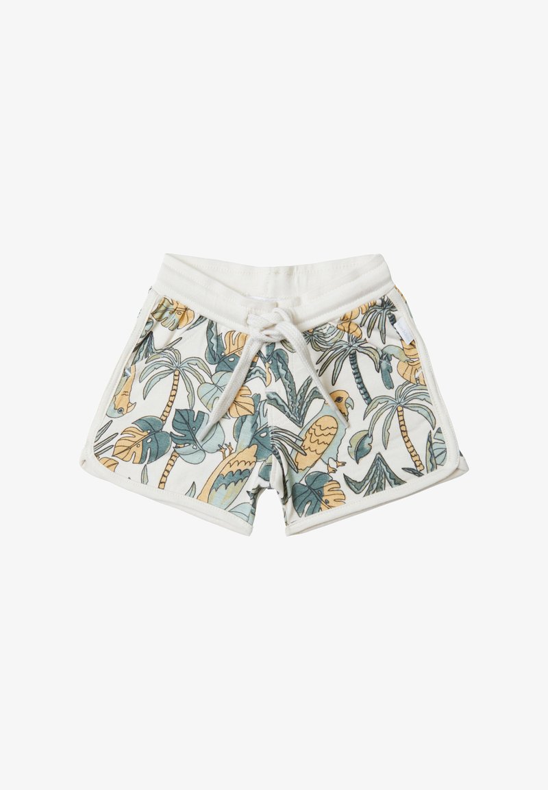 Baumwoll-Badehose mit weißem Bund, die mit einem tropischen Druck von grünen Blättern und Vögeln in Gelb und Blau versehen ist. Mit Kordelzugverschluss.