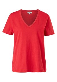 Rød kortærmet V-hals T-shirt lavet af blødt, let materiale, med en løs pasform og sideslids for nem bevægelse.