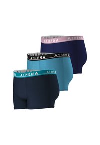 Caleçons boxers pour hommes en trois couleurs : bleu marine, teal et bleu foncé. Chacun présente des ceintures élastiques avec logo dans des couleurs contrastées.