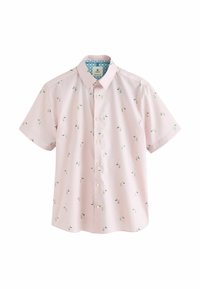 Chemise à manches courtes rose clair avec un imprimé floral, une patte de boutonnage, un col pointu et un doublure intérieure à motif bleu contrastant dans le col.