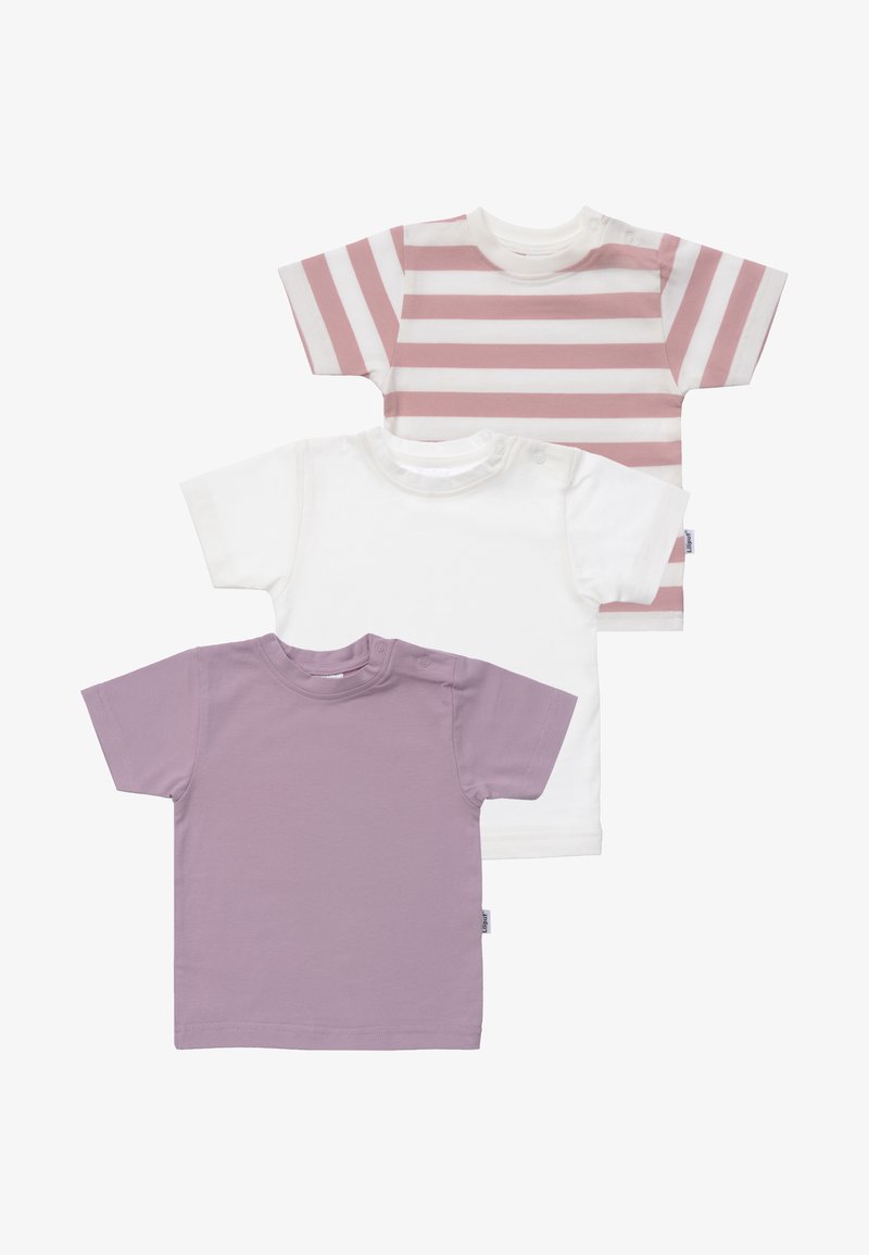 Set aus drei T-Shirts: eines weiß, eines hell-lavendelfarben und eines mit rosa Streifen. Kurze Ärmel, Rundhalsausschnitt, weicher Baumwollstoff.
