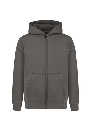 Kapuzen-Fleecejacke in Dunkelgrau, mit einem Frontreißverschluss, zwei Seitentaschen und gerippten Bündchen und Saum. Das Material sieht weich und strukturiert aus.