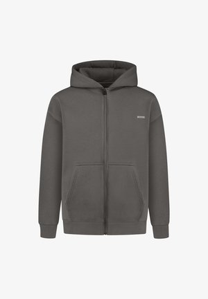 Felpa con cappuccio zip in grigio scuro, con zip frontale, due tasche laterali e polsini e orlo a coste. Il materiale sembra morbido e texturizzato.