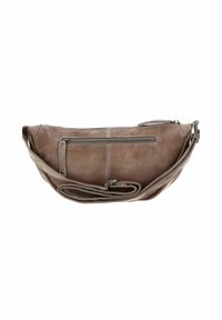 Borsa a tracolla in pelle marrone con tasca con zip, forma curva e lunga tracolla regolabile. Superficie testurizzata con dettagli di cucitura.
