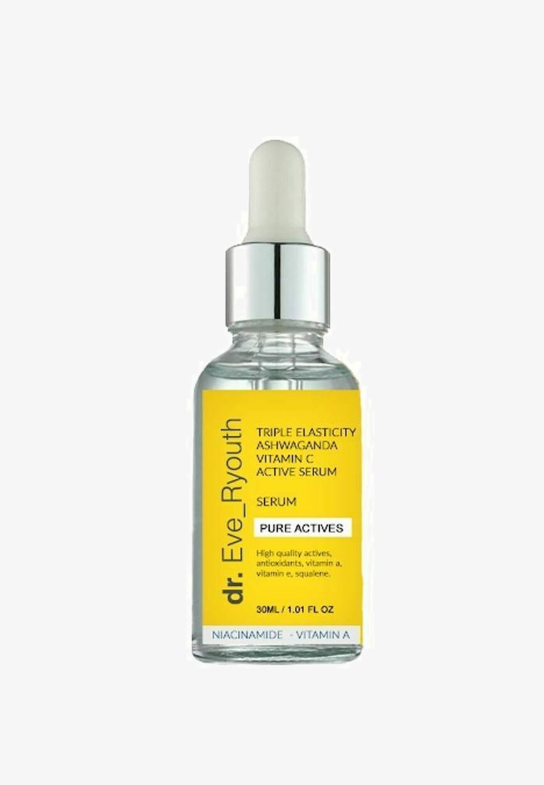 Clear glass bottle with a yellow label, silver dropper cap, and text detailing product benefits and active ingredients. 30ML.