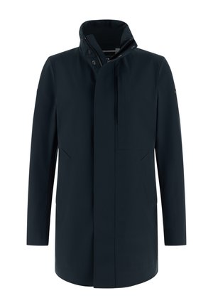 Ciemnogranatowy płaszcz z wysokim kołnierzem, zamkiem z przodu i zatrzaskami. Posiada boczne kieszenie i opływowy, wodoodporny design.