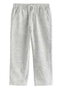 Pantalon en lin gris clair avec une finition texturée, doté d'une taille élastique avec cordon de serrage et de poches latérales. Coupe droite.