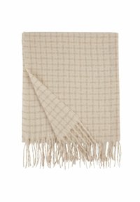 Sciarpa intrecciata beige con un motivo a quadri, caratterizzata da bordi sfrangiati. La texture morbida e il design leggero ne aumentano la versatilità.