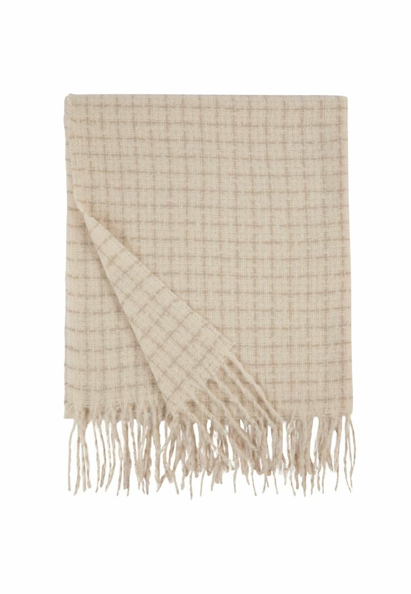 Sciarpa intrecciata beige con un motivo a quadri, caratterizzata da bordi sfrangiati. La texture morbida e il design leggero ne aumentano la versatilità.