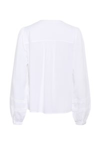 Blusa bianca con maniche lunghe a sbuffo e dettagli in pizzo, vestibilità comoda e scollatura rotonda, realizzata in tessuto leggero.