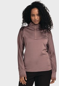Langärmliger Pullover in Mauve, aus geripptem Stoff, mit einem halben Reißverschlusskragen und lockerer Passform sowie verlängerten Ärmeln.