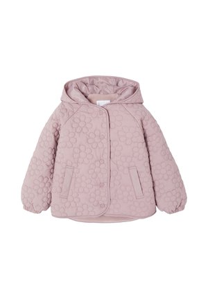 Light pink quilted children's jacket with hood, snap buttons, side pockets, elastic cuffs, and flower pattern stitching all over.