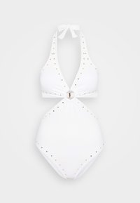 Costume da bagno bianco con spalline all'americana e dettagli a pois dorati, dotato di un elemento metallico circolare in vita e chiusura con nodo al collo.