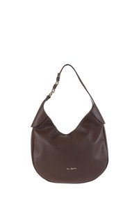 Borsa a spalla in pelle marrone con un design morbido, forma curva e dettagli in metallo dorato. Presenta una singola tracolla e una superficie testurizzata.