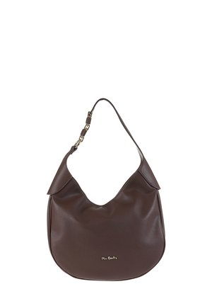 Borsa a spalla in pelle marrone con un design morbido, forma curva e dettagli in metallo dorato. Presenta una singola tracolla e una superficie testurizzata.