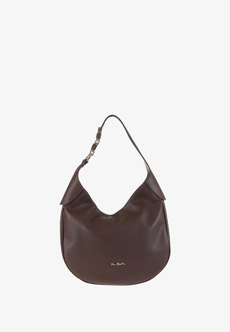 Borsa a spalla in pelle marrone con un design morbido, forma curva e dettagli in metallo dorato. Presenta una singola tracolla e una superficie testurizzata.