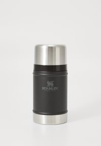 Black stainless steel thermos with a silver metal lid, featuring a logo and a textured grip for easy handling. Modern cylindrical design.