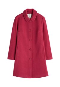 Abrigo de mezcla de lana roja con cuello, tela texturizada, cinco botones en la parte delantera y dos bolsillos laterales. Diseño recto hasta la rodilla.