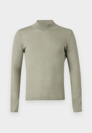 Long-sleeve, high-neck pullover in soft, light olive green fabric, featuring a slim fit and fine-knit texture with no patterns or accents.