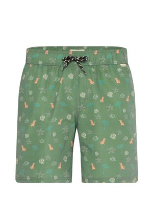 Zielone kąpielówki z czarno-białym sznurkiem, ozdobione wzorem rozgwiazd, muszli, leżaków i parasoli.