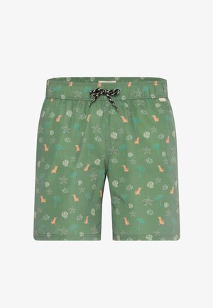 Zelené plavkové šortky s čierno-bielym šnúrkou, zdobené vzorom hviezdic, mušlí, plážových stoličiek a slnečníkov.