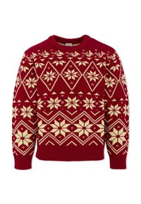 Maglione rosso lavorato a maglia con motivi geometrici e fiocchi di neve in crema, collo rotondo e polsini e orlo a coste. Texture soffice e design caldo.