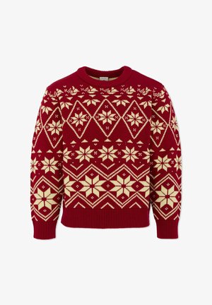 Rode gebreide trui met crèmekleurige geometrische en sneeuwvlokpatronen, ronde hals en ribgebreide manchetten en onderrand. Zachte textuur en warm ontwerp.