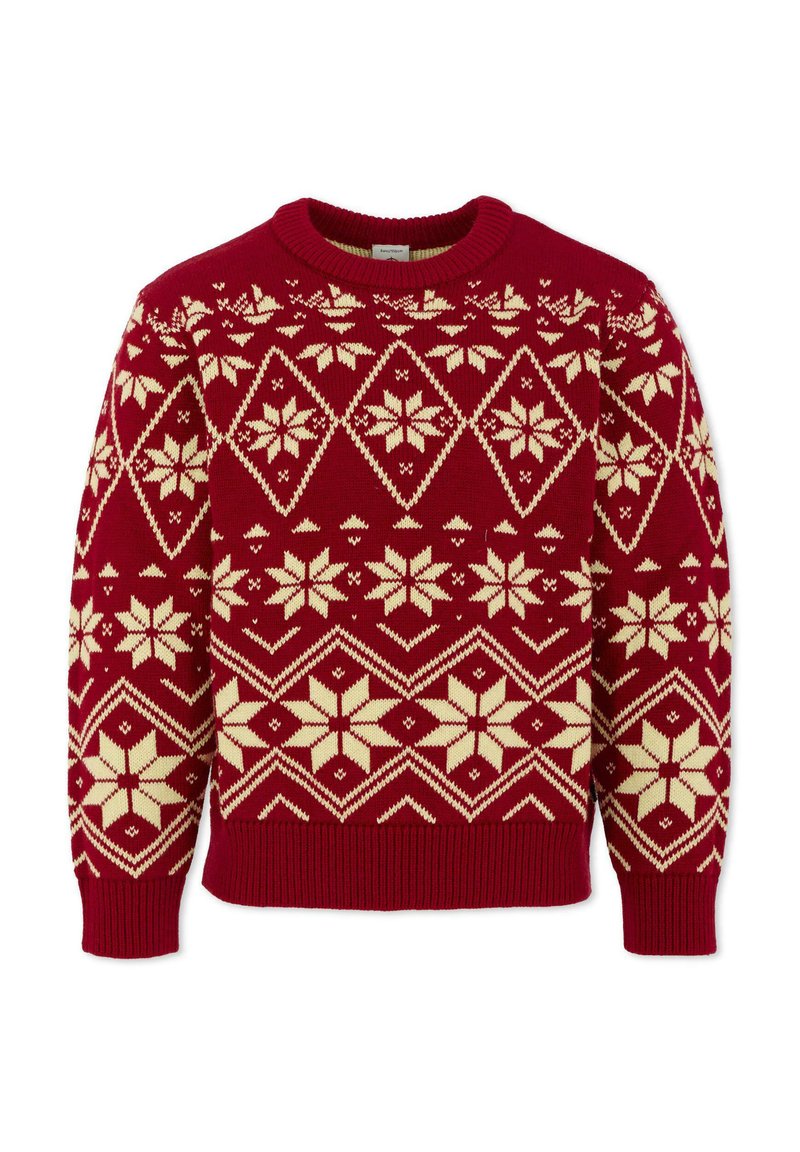 Maglione rosso lavorato a maglia con motivi geometrici e fiocchi di neve in crema, collo rotondo e polsini e orlo a coste. Texture soffice e design caldo.