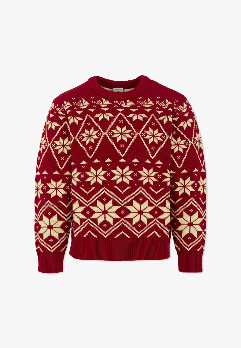 Maglione rosso lavorato a maglia con motivi geometrici e fiocchi di neve in crema, collo rotondo e polsini e orlo a coste. Texture soffice e design caldo.