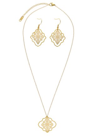 Náhrdelník a náušnice ve zlatém tónu s propracovaným květinovým filigránovým vzorem na tenkých řetízcích a háčcích.