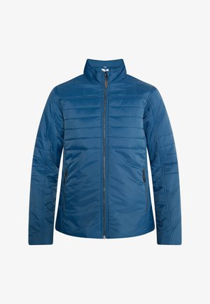 Jachetă puf din material albastru, cu guler înalt, închidere cu fermoar și două buzunare laterale. Prezintă o textură matlasată orizontală pe întreaga suprafață.