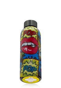 Boća od nehrđajućeg čelika s šarenim pop-art dizajnom koji sadrži crvene usne, podebljani tekst "POP" i plavu i žutu pozadinu.