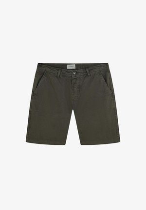 Dunkelgrüne Baumwollshorts für Herren mit flachem Bund, zwei Seitentaschen und Knopfverschluss. Glatte Textur mit geradem Schnitt.